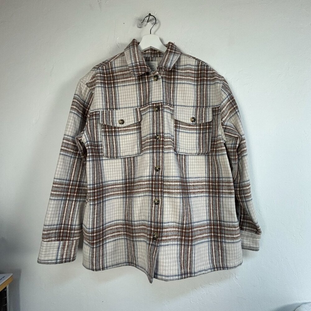 Cleo + Wolf Women Plaid Button-Up Shirt Jacket Medium White Brown Pockets Casual